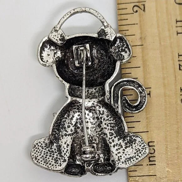 Vintage Cat Brooch With Star Pendant Silver-Tone Rhinestones Green Red Black - Picture 2 of 2